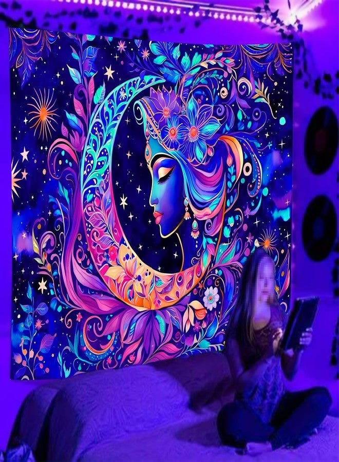 TUGCAY Blacklight Moon and Star Tapestry, UV Reactive Mandala Sun Tapestry Starry Night Tapestries Wall Hanging for Bedroom Dorm Decor(51.2 x 59.1 Inches) - Image 3